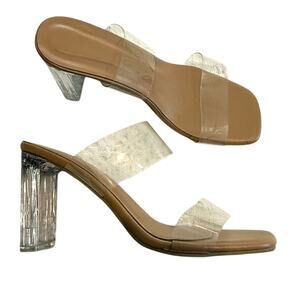women's 39 rubber clear double strap square toe heels sandal 3089
